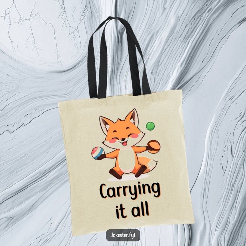 A funny, grinning fox is depicted mid-juggle with three balls, showcasing whimsical fun on a durable tote bag.