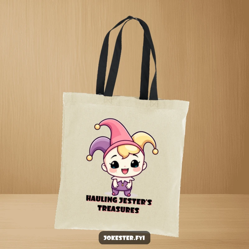 Funny jester tote bag, a cheerful character wearing a jester hat and playfully tipping it, perfect for carrying daily items.