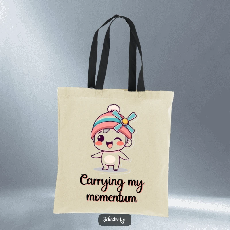Funny Tote Bag with a silly character in a propeller beanie spinning enthusiastically, perfect for carrying essentials with whimsical flair.
