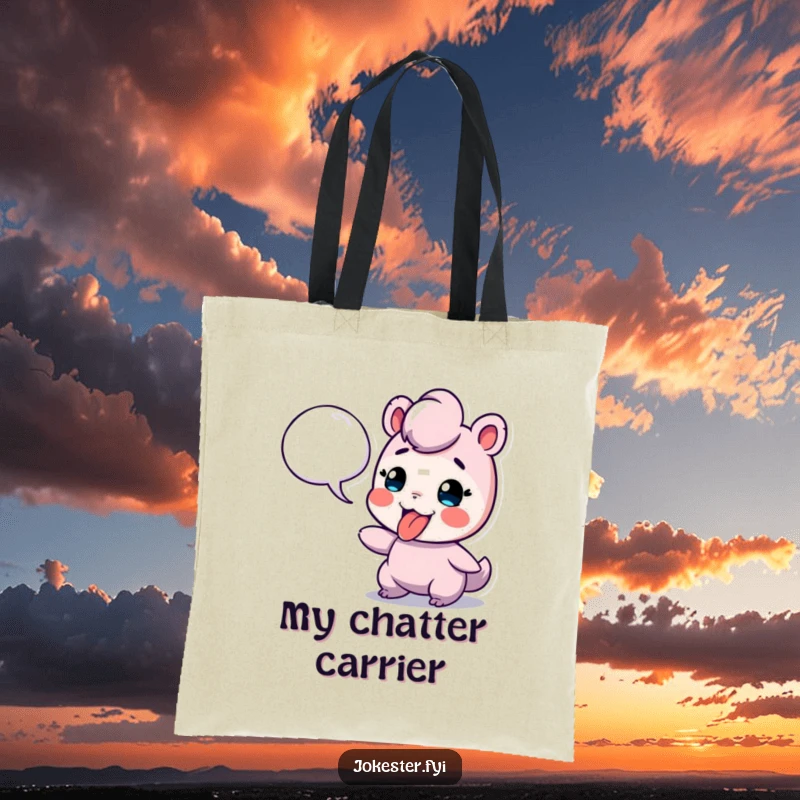 Funny tote bag with a playful character sticking its tongue out at a speech bubble, perfect for carrying daily items humorously.