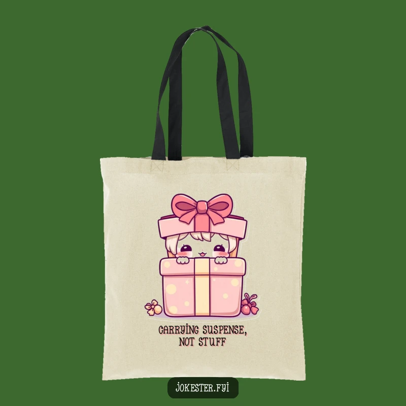 Funny Tote Bag: Playful Character Peeking Present - Carry Your Fun & Gifts!