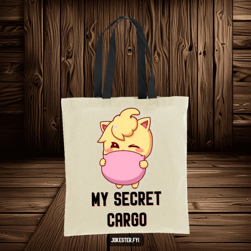 Funny whoopee cushion tote bag with a mischievous winking character holding a whoopee cushion, ready for any occasion.