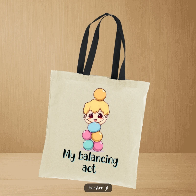Funny mischievous character balancing a stack of colorful balls precariously, reusable tote bag, juggling art, playful accessory, unique funny gift.