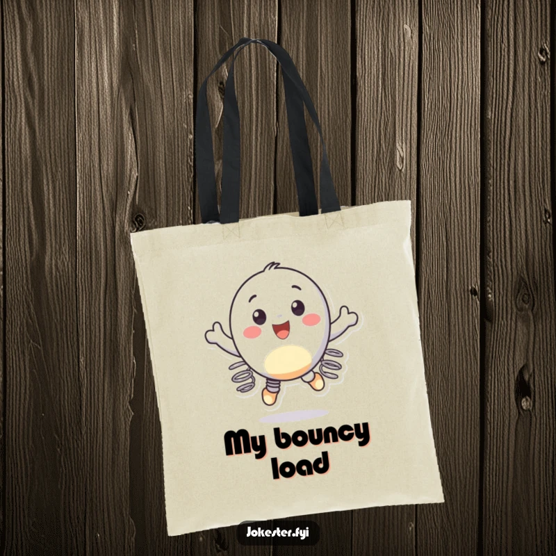 Funny tote bag with a cheerful character wearing springs on its feet, bouncing gleefully, perfect for daily use.