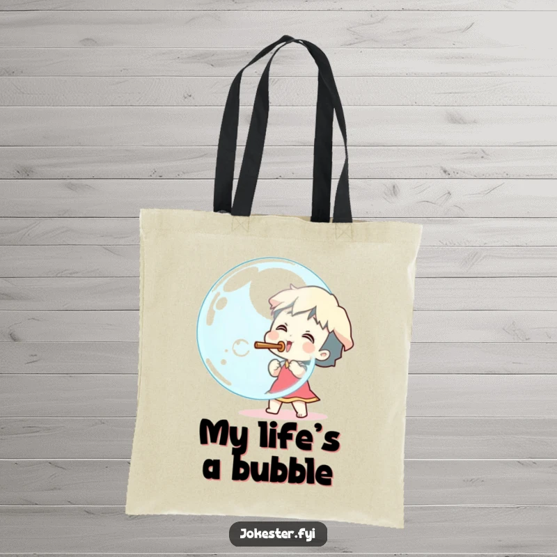 Funny excited character blowing a giant bubble with a stick, reusable tote bag, cartoon art, fun accessory, unique funny gift.