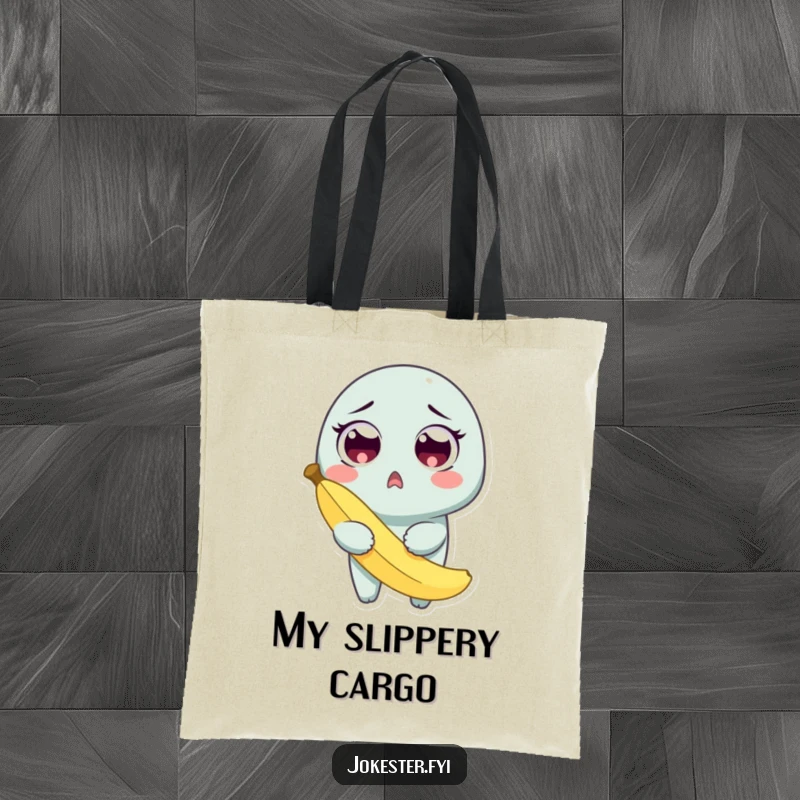 Funny tote bag with a surprised character holding a banana peel after a comical slip, perfect for carrying daily items.
